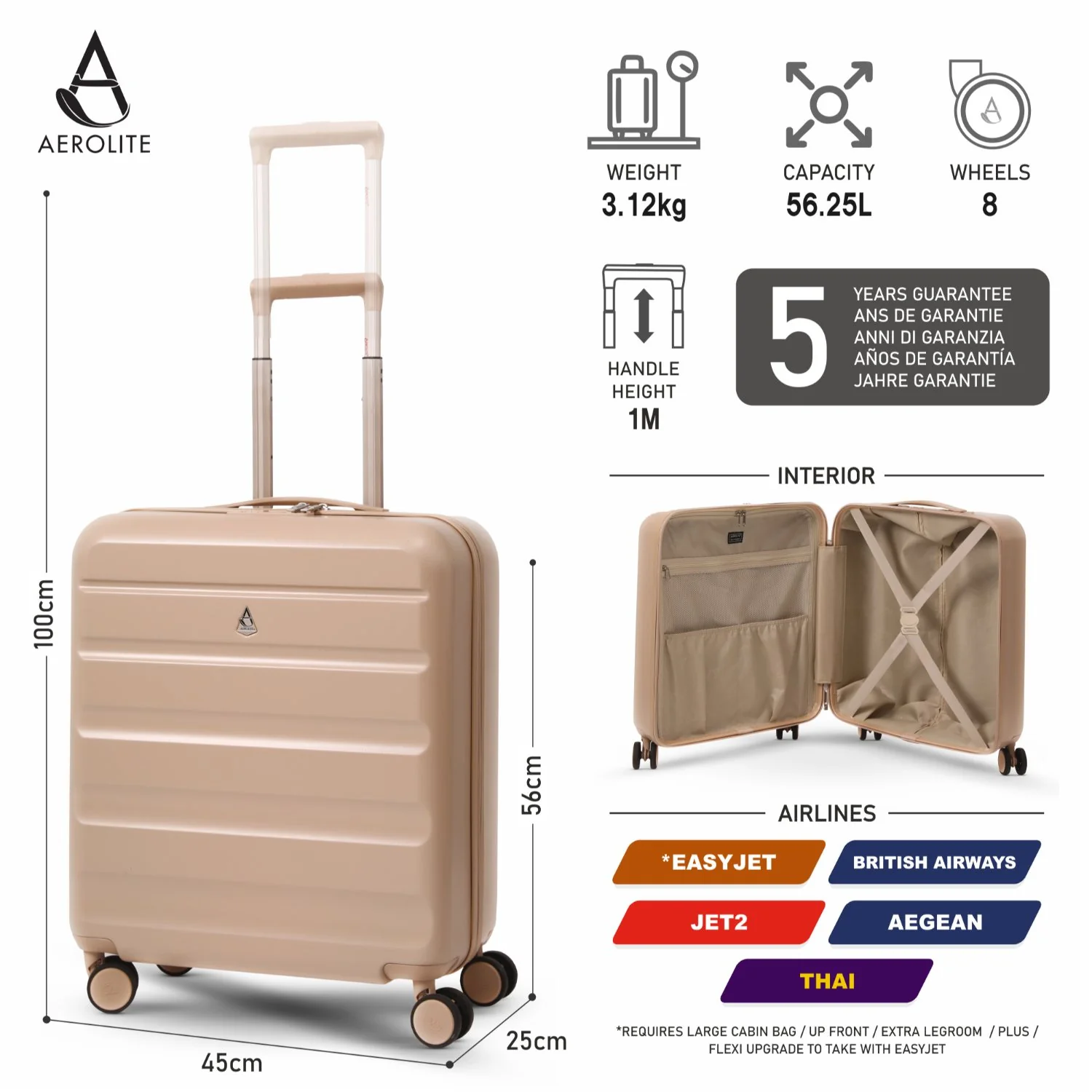 Aerolite tvrdi kofer 56x45x25 cm 56 L EasyJet, British Airways & Jet2 – Beige - Slika 2